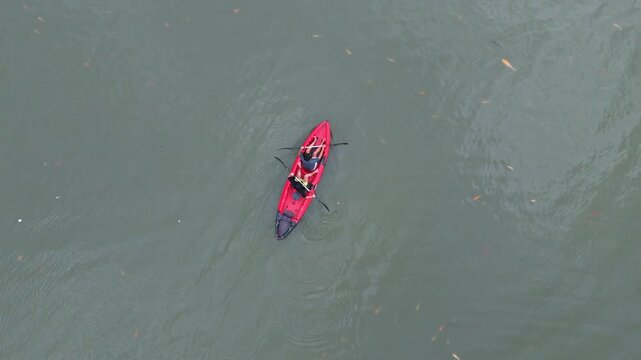 Overhead shot of red kayak navigating through murky water with visible koi swimming around