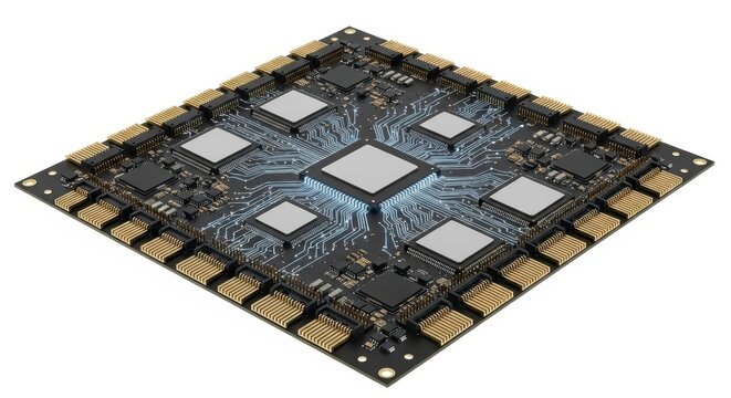 Closeup of a computer microchip with gold connectors on a white background, showcasing intricate circuitry and multiple processors