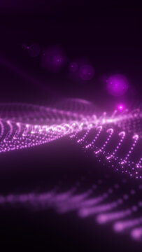 Purple neon dotted wave with bokeh particles forming a futuristic digital data stream