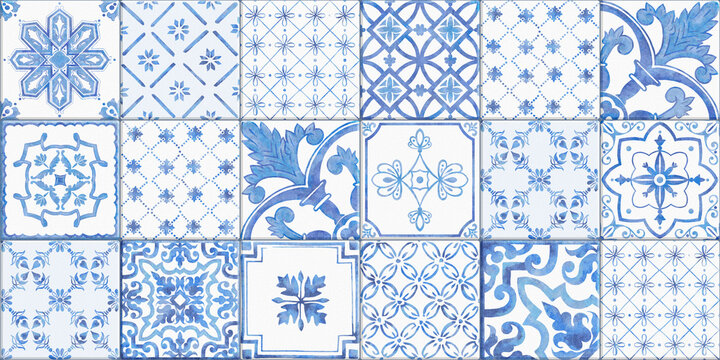Italian ceramic tile pattern. Ethnic folk ornament. Mexican talavera, Portuguese azulejo or Spanish majolica. Patchwork tiles. Hand-drawn seamless abstract tile pattern. 	