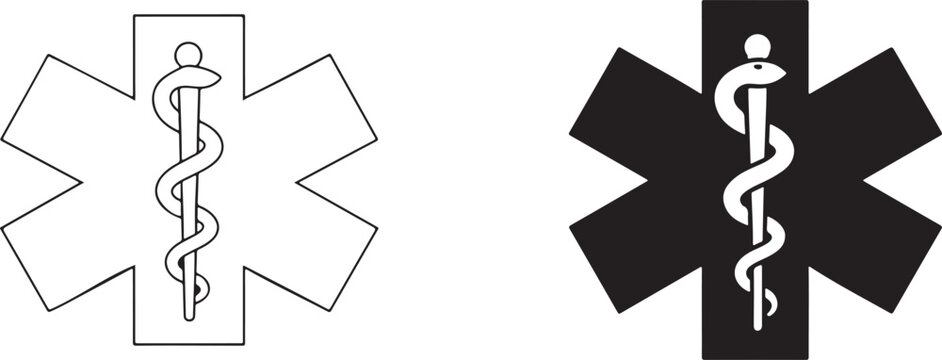 Medical star of life with caduceus snake symbol in black silhouette and outline vector design.