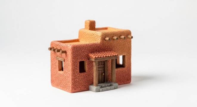 Detailed Miniature Adobe House Model on White Background.