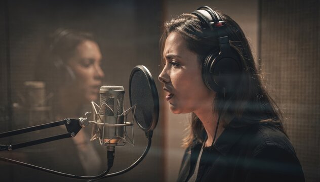 Female performer using headphones and microphone in booth carefully syncing ADR dialogue for dramatic film with blurred reflection visible behind glass.