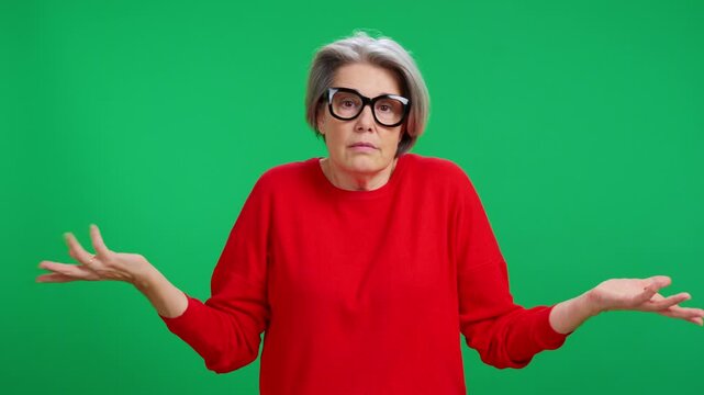 Resigned senior woman shrugging shoulders on green screen background