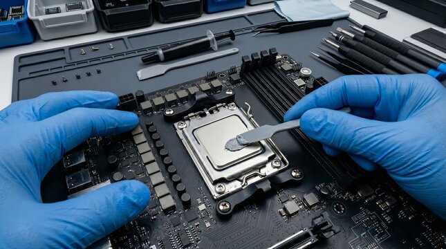 Hands applying thermal paste to CPU in precision electronics repair macro scene