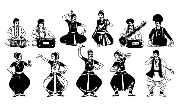 Indian traditional dancers musicians vector cultural art performance set