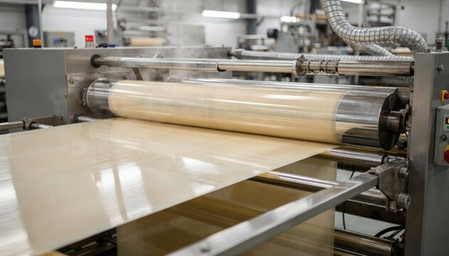 Medium shot capturing bioPET polymer sheets being manufactured from renewable plant resins highlighting advanced extrusion process in ecofriendly production.