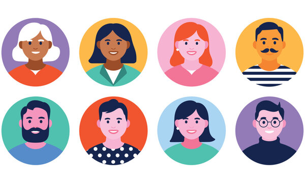 Eight colorful circular people avatars representing diverse professions and styles for web design