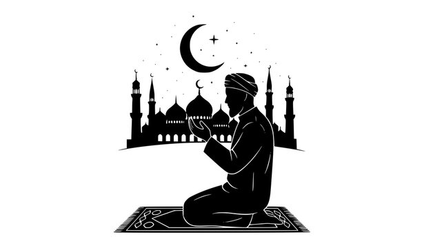 Muslim prayer silhouette vector man praying mosque crescent moon illustration