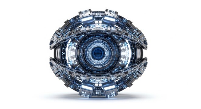 A futuristic metallic object with blue accents and a circular design on a white background isolated on white background