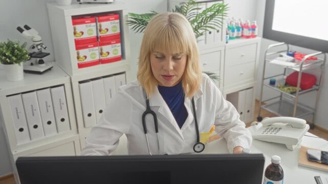 Woman doctor with stethoscope at computer examining a medicine bottle in clinic building; professional care focused.