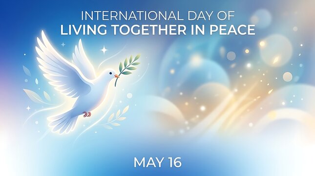 A white dove flies peacefully in a blue sky with a green branch, symbolizing International Day of Living Together in Peace.