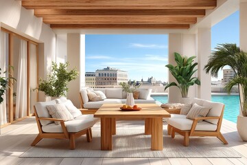 Obraz premium Sunlit outdoor dining terrace with wooden table and lounge seating by a rooftop pool