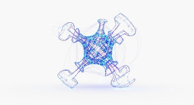 A blue wireframe 3d rendering of a drone or quadcopter with glowing neon lines on a white background