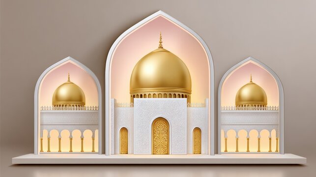 Ivory decorative architectural trio: golden domed arches with arabesque details and pastel gradient backdrop
