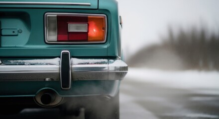 Fototapeta premium Vintage Car Tail Light in Winter Landscape A Nostalgic Journey.