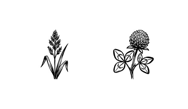 Forage Grasses and Meadow Field Herbs with Fluid Ink Brush Strokes and Hand-Drawn Painterly Style