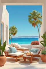 Obraz premium Coastal white wooden terrace with two sun loungers overlooking turquoise ocean and palm trees