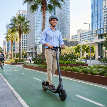 Man Riding Electric Scooter in City Center Eco Friendly Urban Transport