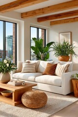 Fototapeta premium Eco-friendly living room with neutral tones, white sofa, plants and natural wood accents
