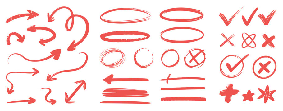 Coral arrows, circles, checks and crosses doodle set.