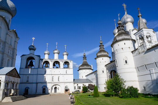 The belfry of the Cathedral of the Assumption of the Blessed Virgin Mary in the Kremlin of Rostov the Great built in the 18th century. Inscriptions: Icon and Bookshop
