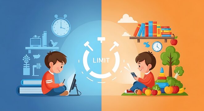 Children using digital devices and healthy lifestyle comparison illustration showing screen time limit concept