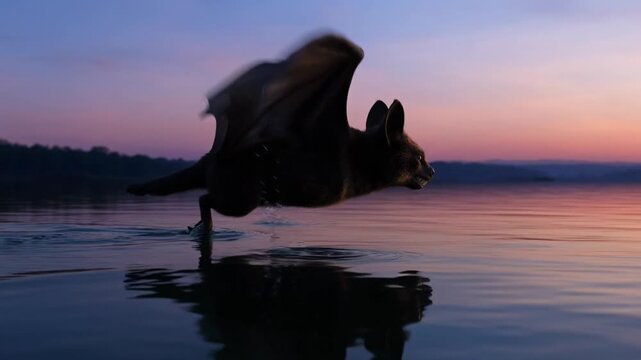 Bat eating insects at dusk over a lake, nocturnal animal flying low for food