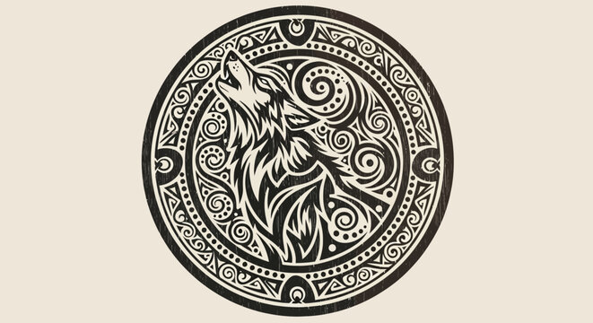 Howling Wolf Emblem with Celtic Knotwork - Black and White Tribal Art