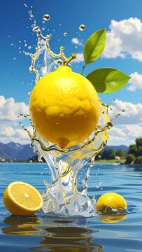 A vibrant yellow citrus fruit with leaves is captured mid-splash above the water, alongside two halves, with a scenic lake background