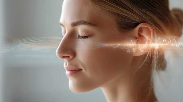 Woman in profile with abstract sound waves flowing into ear, hearing perception concept, audio technology, mindfulness and sensory awareness.
