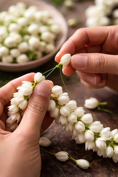 Close up of hands weaving a traditional white Jasmine flower garland (Gajra)