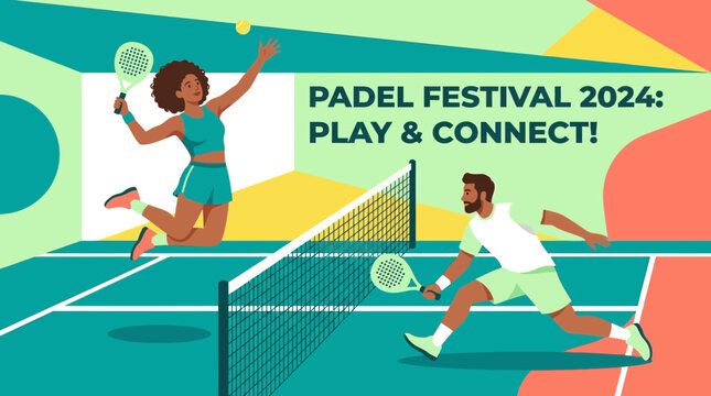 Padle Festival 2024: Colorful Illustration of People Playing Padle on a Court
