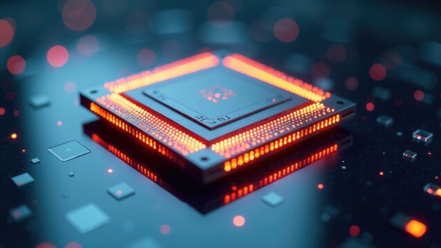 A detailed view of a microchip on a table, ideal for technology or education-related projects