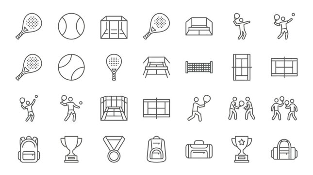 Minimalistic Icons Representing Paddleball, Sport, Accessories, And Sports Equipment in a Line