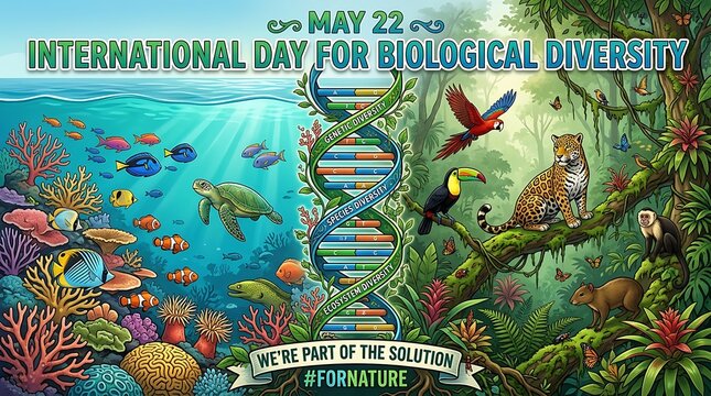 A vibrant illustration celebrating International Day for Biological Diversity with diverse wildlife and a DNA double helix structure