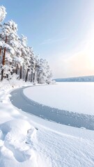 Fototapeta premium Winter landscape depicts snow-covered trees lining a lake edge, sunlit sky overhead with partial ice, a serene cold scene