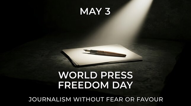 A spotlight shines on an open notebook and pen, symbolizing World Press Freedom Day and journalism without fear or favour.