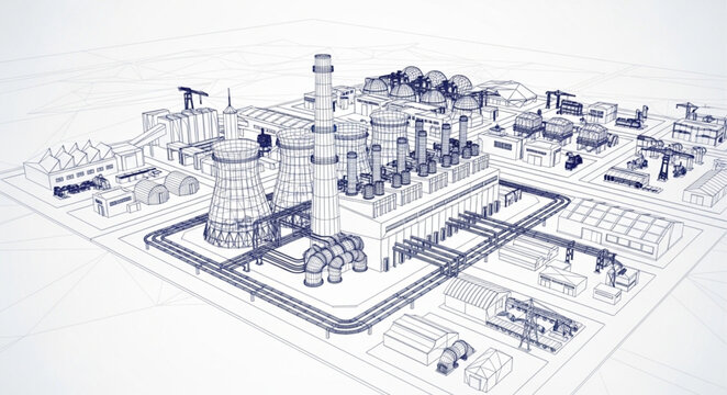 Industrial plant blueprint schematic drawing illustration.