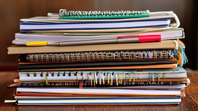 Close-up of a stacked pile of assorted notebooks and journals on a wooden surface