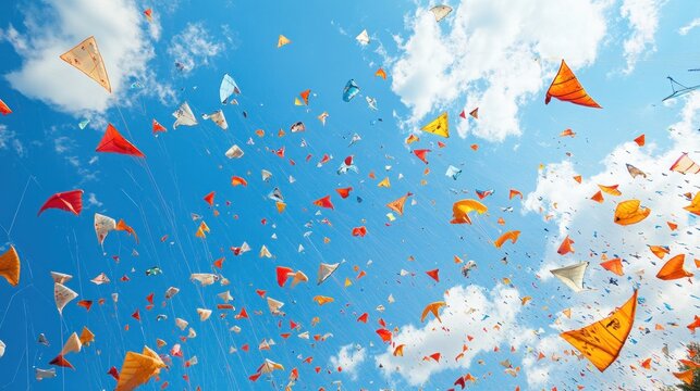 Low-angle view of colorful pennants and flags against a bright blue sky with clouds