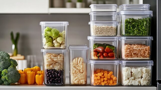 Group of clear rectangular food storage containers, filled with various fresh produce, stacked on counter