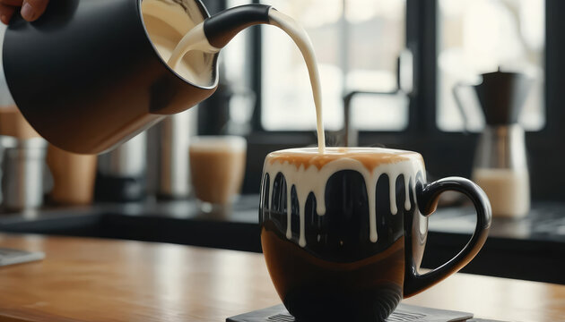 Barista-style cinematic close-up, glossy steamed milk pouring smoothly from charcoal ceramic pitcher, intricate tulip latte art forming, milk overflow captured mid-drip, warm natural daylight, realist