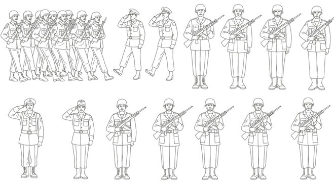 Military Soldiers Set Vector Illustration, Army Personnel in Uniform Standing and Marching Poses
