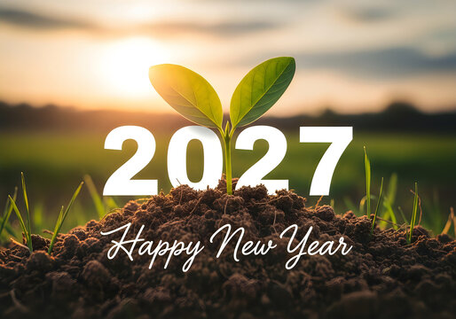 A small green plant growing in soil with the text 2027 happy new year