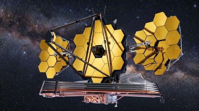 The James Webb Space Telescope launches into the galaxy with gold mirrors deployed.