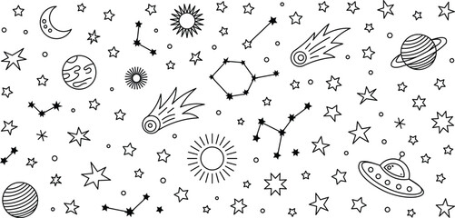 Space and galaxy outline vector illustration with stars planets comet constellations for kids design and educational backgrounds © ShahinurSobuj24