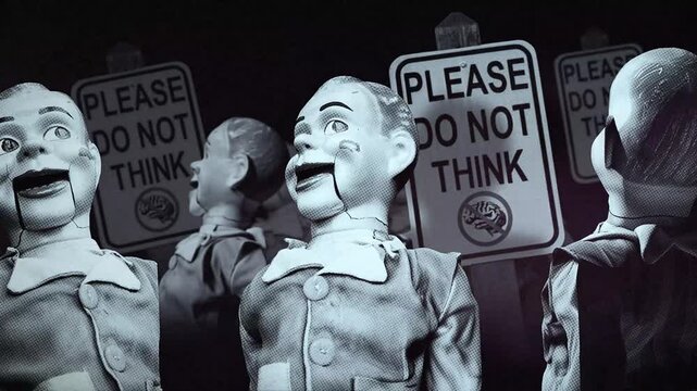 A group of faceless spinning mannequins and political statements contained on street signs on an endless loop.
