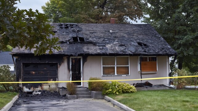 Burned suburban house with charred roof, boarded windows, and yellow caution tape after fire damage.