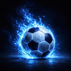 Fototapeta premium A glowing blue soccer ball surrounded by intense flames, creating a dynamic and energetic effect.